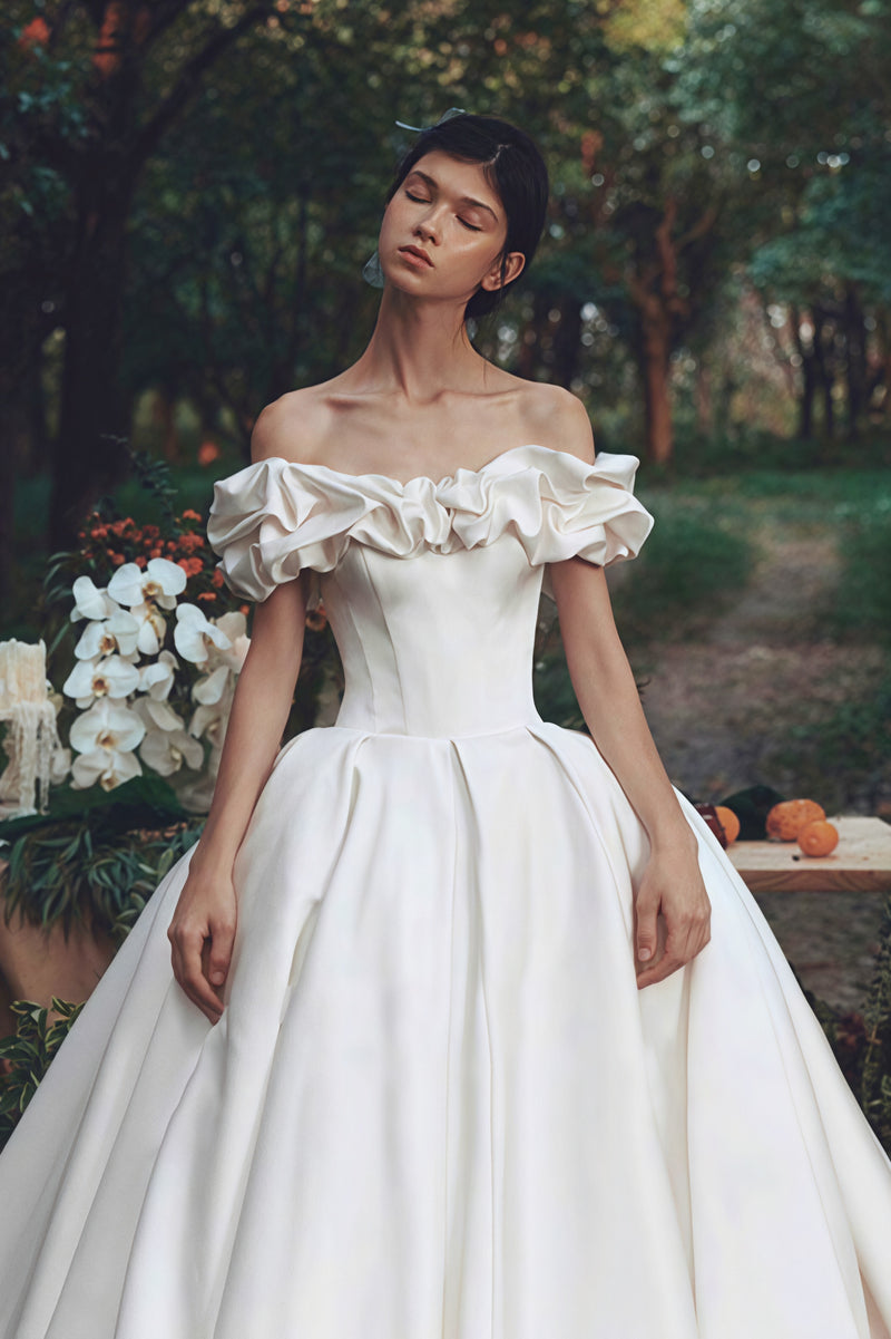 Simple Satin Off Shoulder Train Wedding Dress