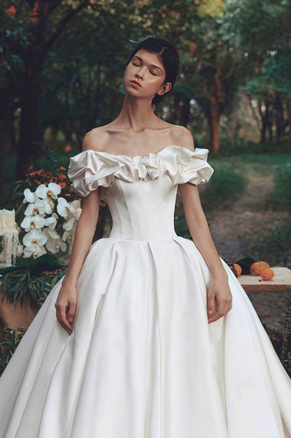 Simple Satin Off Shoulder Train Wedding Dress