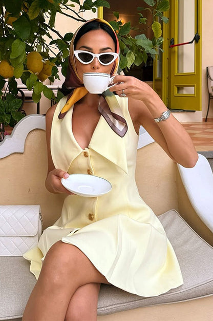 Simple Sleeveless Lapel Button Waist Mini Dress