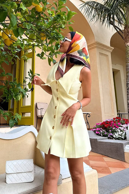 Simple Sleeveless Lapel Button Waist Mini Dress