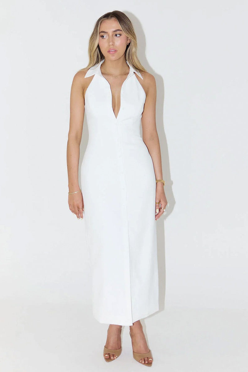 Simple Slit Lapel Sleeveless Midi Dress
