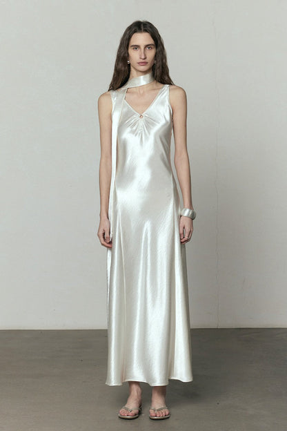 Simple Solid Satin V Neck Loose Maxi Dress