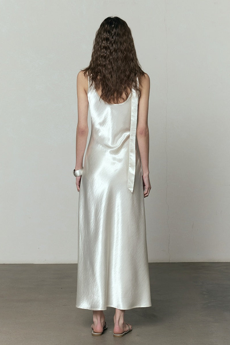 Simple Solid Satin V Neck Loose Maxi Dress
