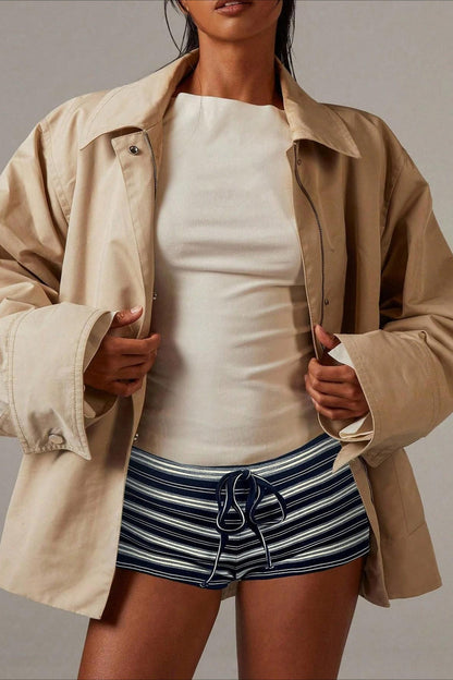 Simple Stripe Drawstring Low Waist Shorts
