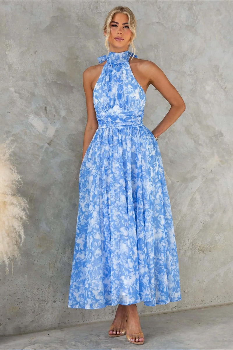 Sleeveless Floral Halter Backless Midi Dress