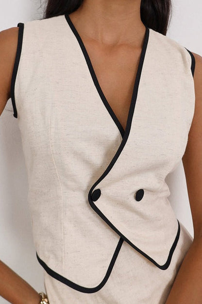 Sleeveless V Neck Vest Skirt Cotton Skirt Set