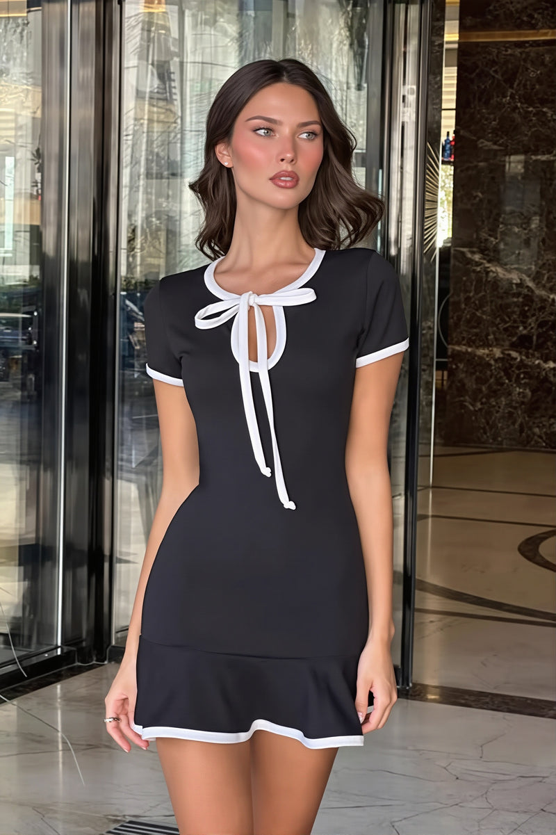 Slim Hollow Tie Ruffle Splice Mini Dress