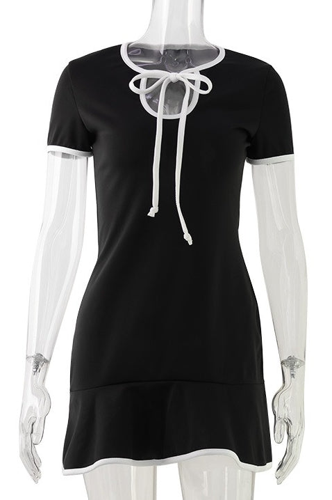 Slim Hollow Tie Ruffle Splice Mini Dress