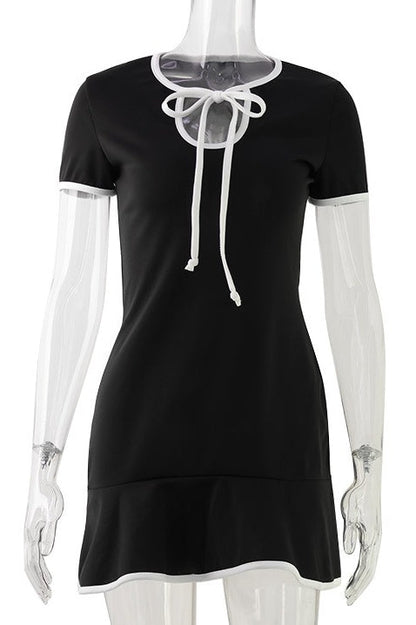 Slim Hollow Tie Ruffle Splice Mini Dress