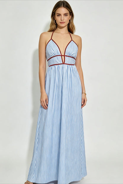 Slim Striped Halter Backless Beach Cami Maxi Dress