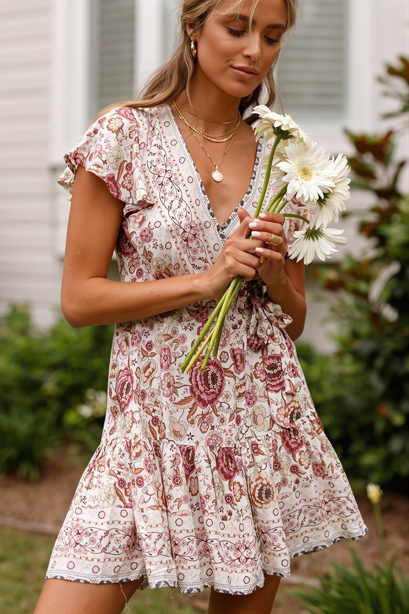 Slim V Neck Floral Print Boho Dress