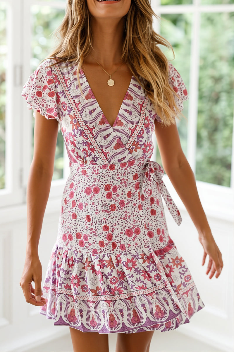 Slim V Neck Floral Print Boho Dress