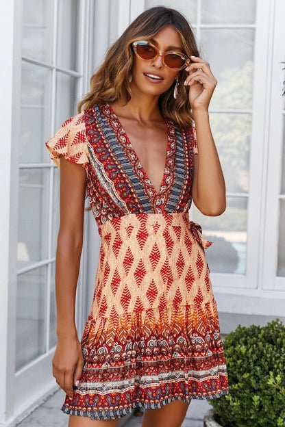 Slim V Neck Floral Print Boho Dress