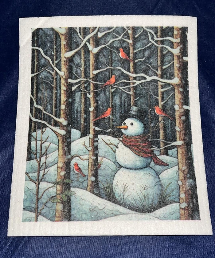 Snowman with Cardinals in the Woods Swedish Towel