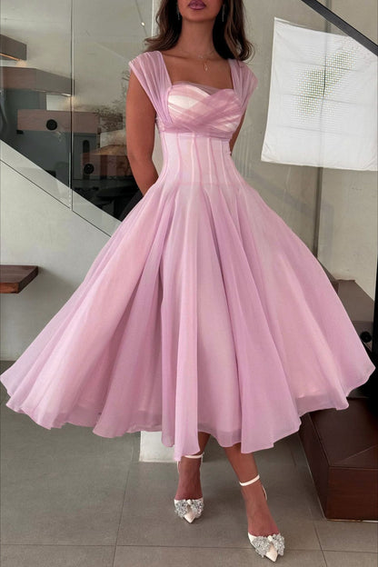 Soft Mesh Waist Flared Prom Dress