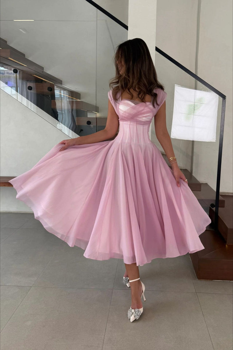 Soft Mesh Waist Flared Prom Dress