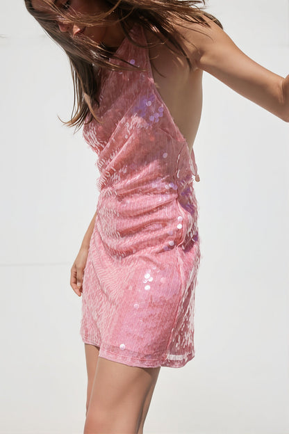 Solid Backless Sequin Tie Mini Dress