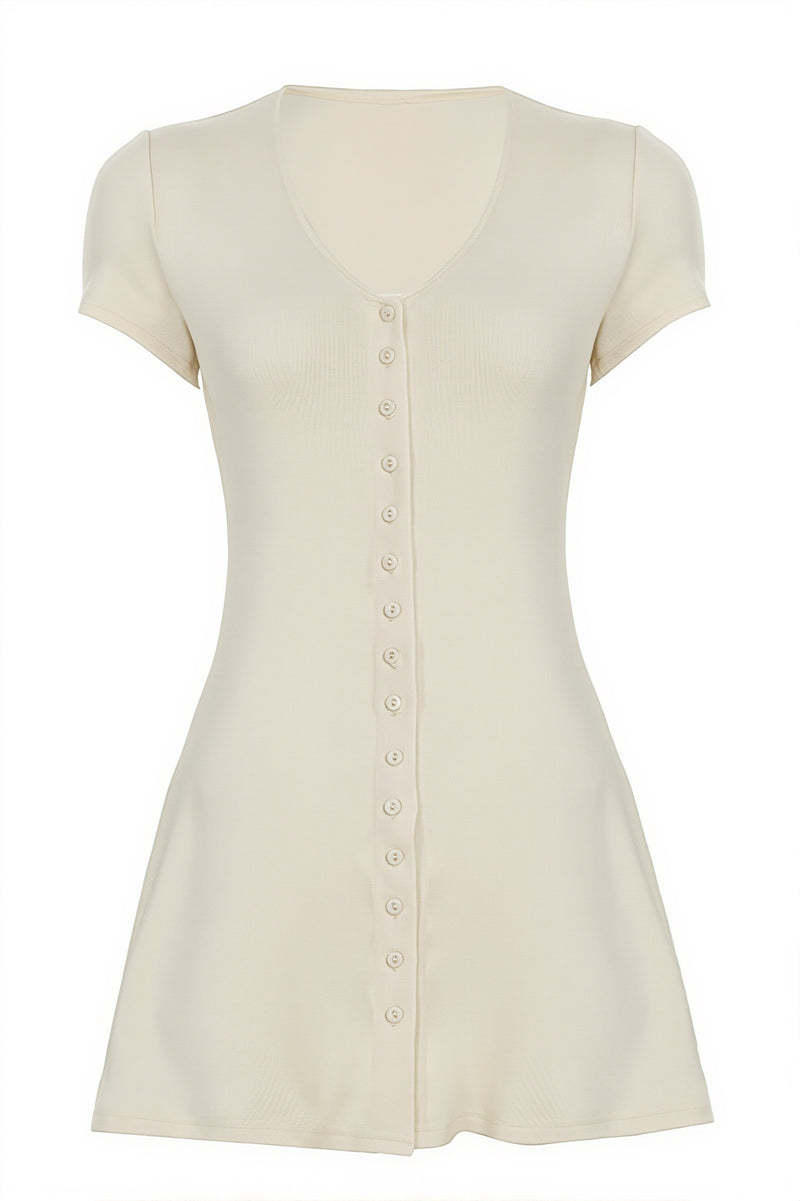 Solid Button Knit V Neck Slim Mini Dress