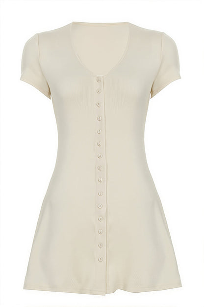 Solid Button Knit V Neck Slim Mini Dress