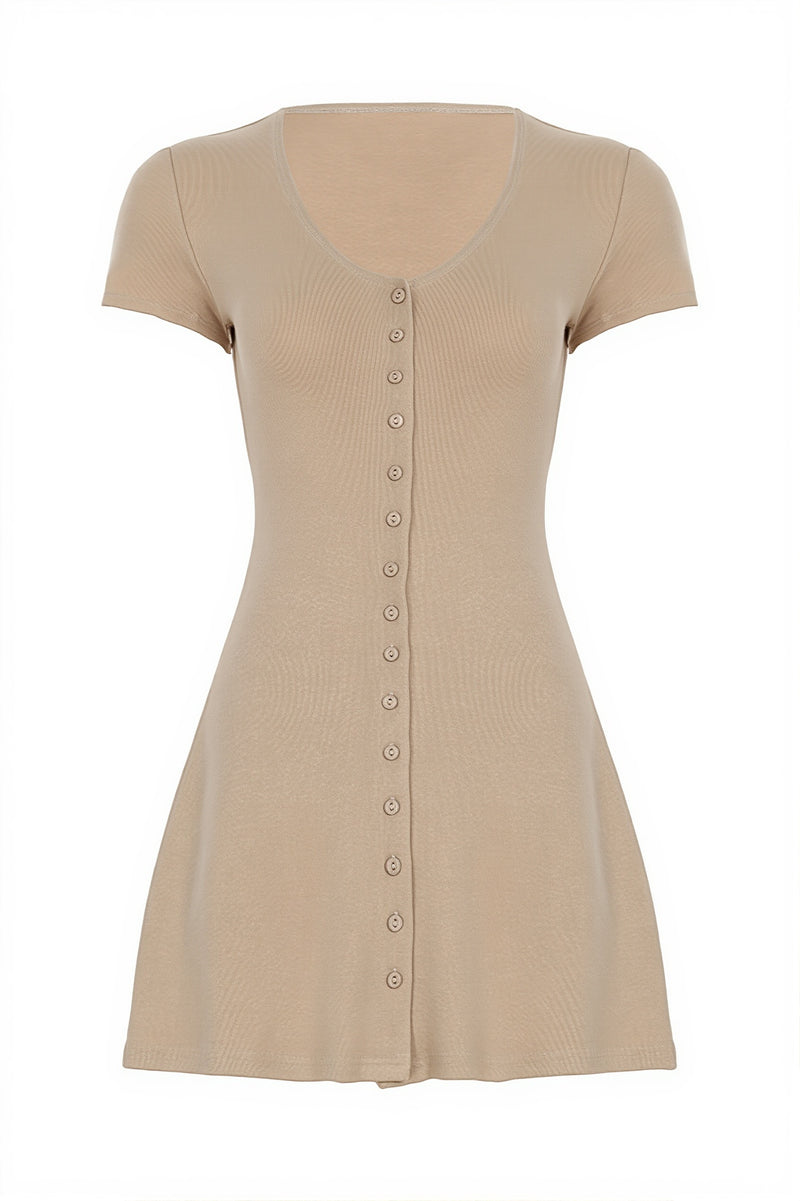 Solid Button Knit V Neck Slim Mini Dress