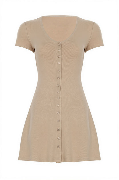 Solid Button Knit V Neck Slim Mini Dress