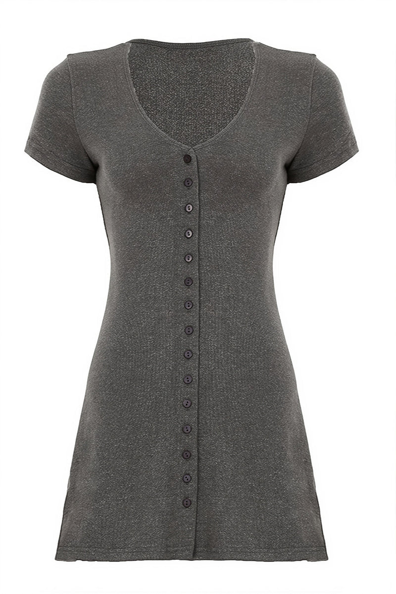 Solid Button Knit V Neck Slim Mini Dress