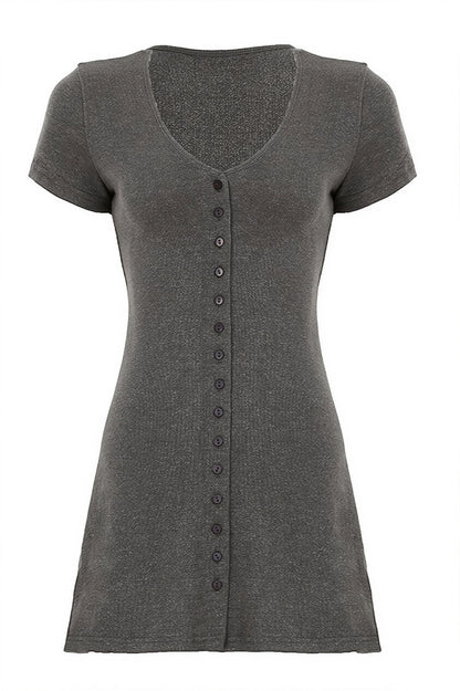 Solid Button Knit V Neck Slim Mini Dress