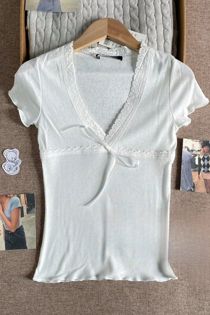 Solid Casual Lace Trim Tie T-Shirt