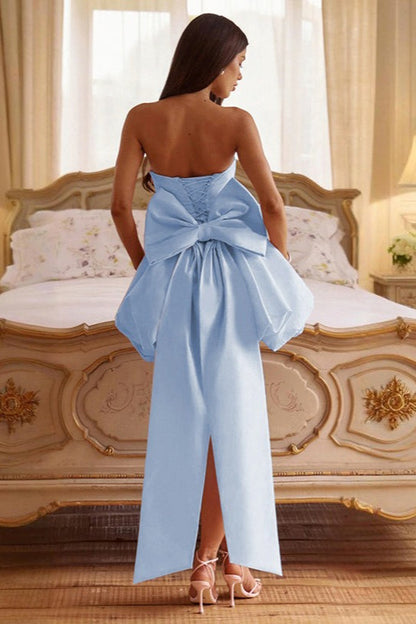 Solid Color Strapless Backless Big Bow Bubble Hem Prom Dress