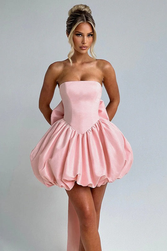 Solid Color Strapless Backless Big Bow Bubble Hem Prom Dress