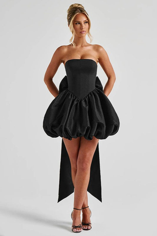 Solid Color Strapless Backless Big Bow Bubble Hem Prom Dress