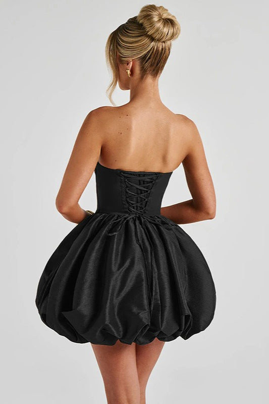 Solid Color Strapless Backless Big Bow Bubble Hem Prom Dress