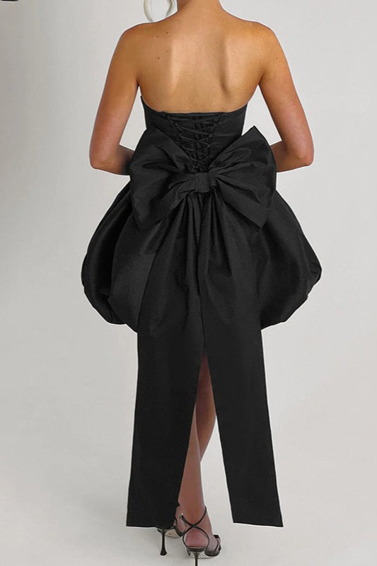 Solid Color Strapless Backless Big Bow Bubble Hem Prom Dress