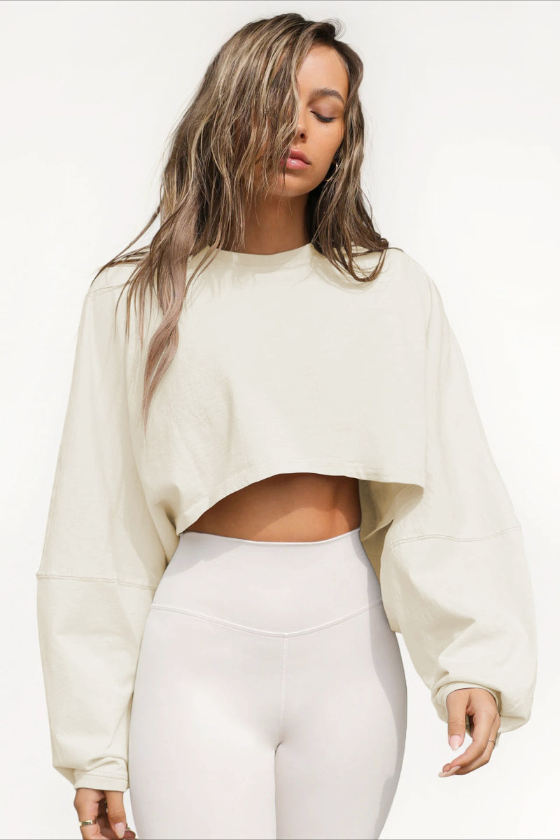 Solid Cropped Crew Neck Sweatshirt