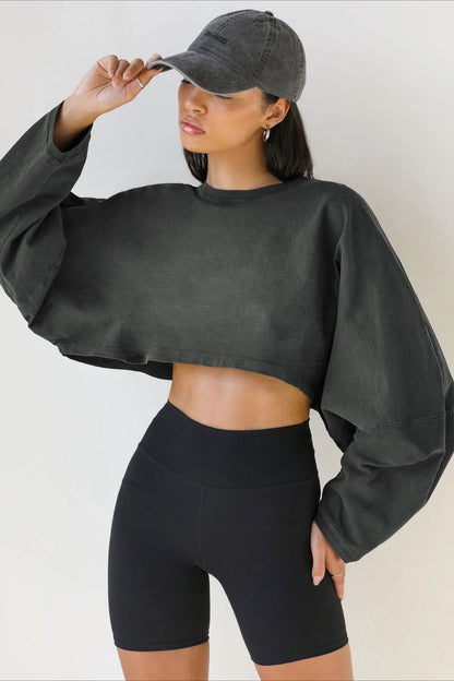 Solid Cropped Crew Neck Sweatshirt