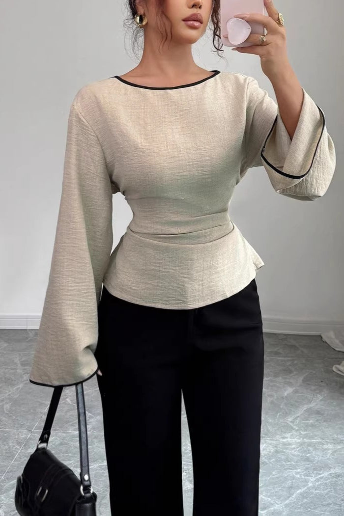 Solid Flare Sleeve Ruched Waist Blouse