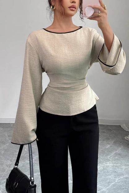 Solid Flare Sleeve Ruched Waist Blouse
