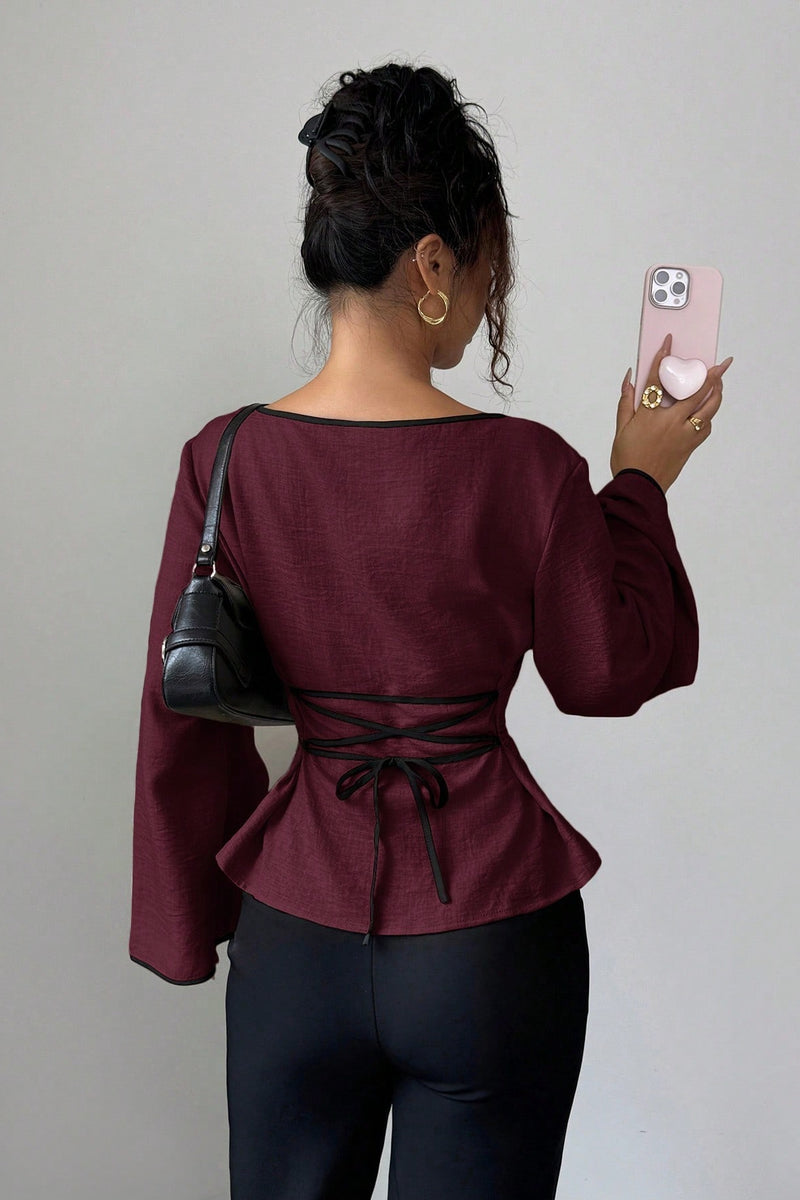 Solid Flare Sleeve Ruched Waist Blouse