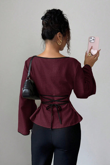 Solid Flare Sleeve Ruched Waist Blouse
