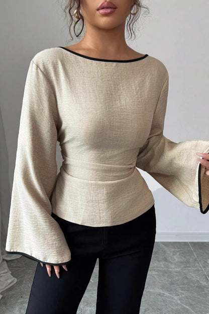Solid Flare Sleeve Ruched Waist Blouse