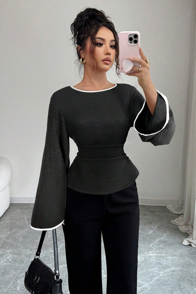 Solid Flare Sleeve Ruched Waist Blouse