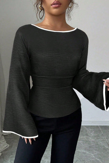 Solid Flare Sleeve Ruched Waist Blouse