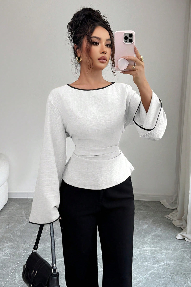 Solid Flare Sleeve Ruched Waist Blouse