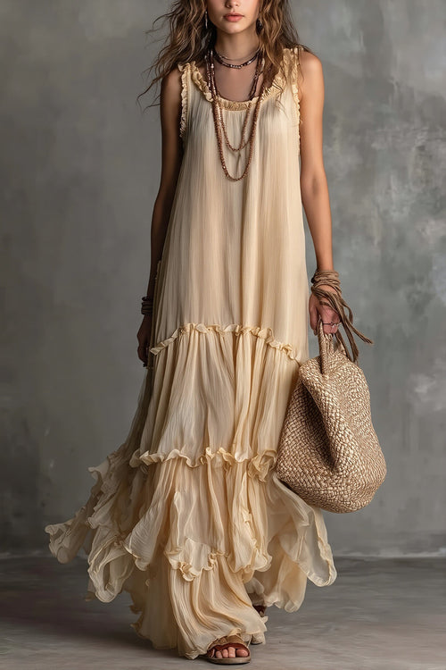Solid Flowy Pleated Maxi Boho Dress