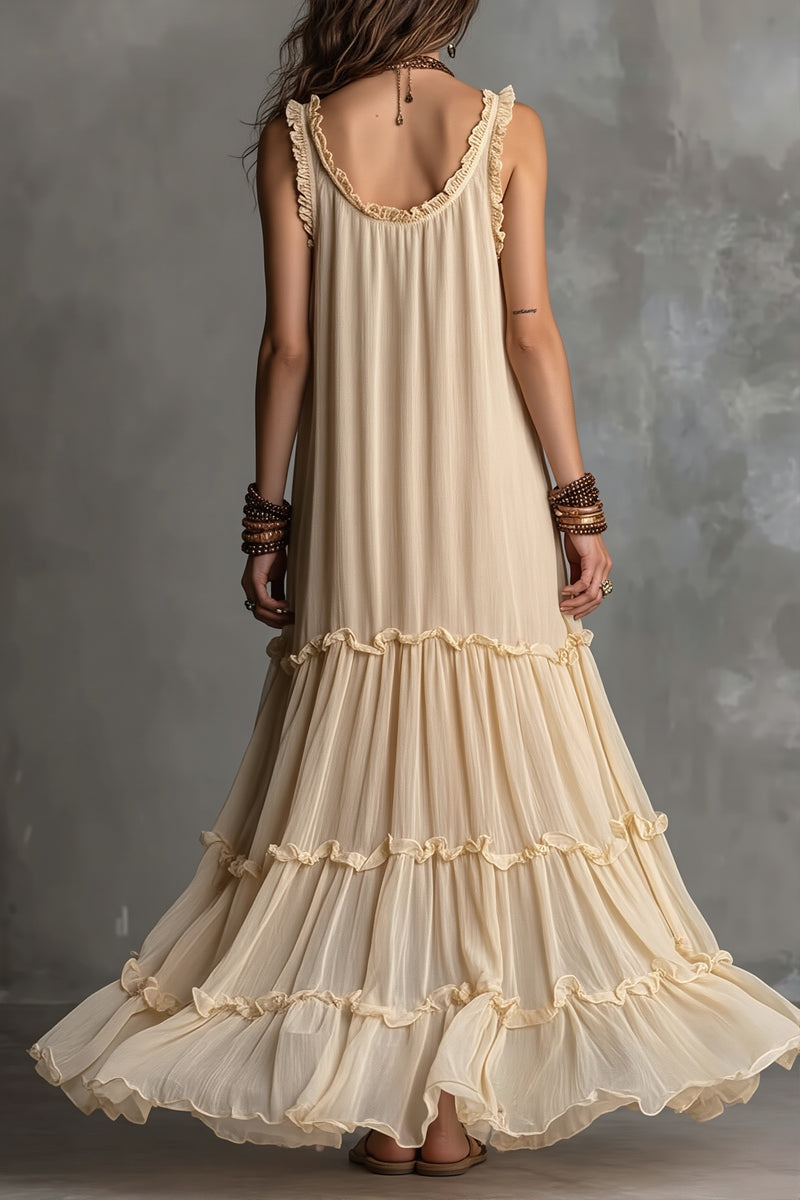Solid Flowy Pleated Maxi Boho Dress