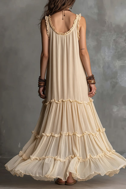 Solid Flowy Pleated Maxi Boho Dress