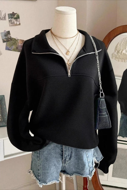 Solid Half Zip Loose V-Neck Sweatshirts