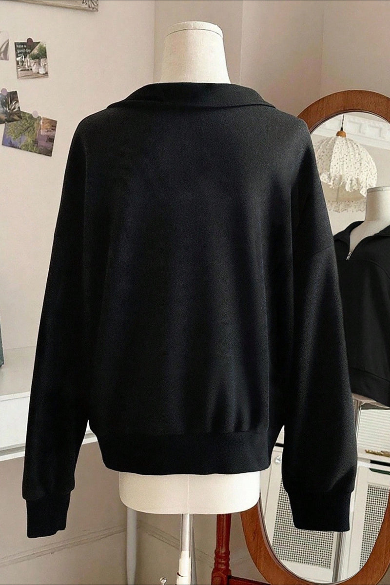 Solid Half Zip Loose V-Neck Sweatshirts