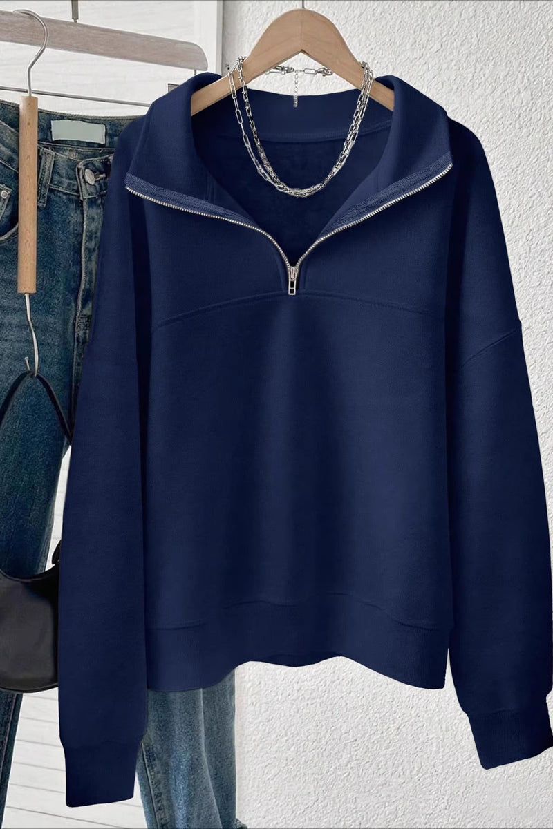 Solid Half Zip Loose V-Neck Sweatshirts
