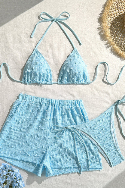 Solid Halter Lace Up Three Piece Swim Set
